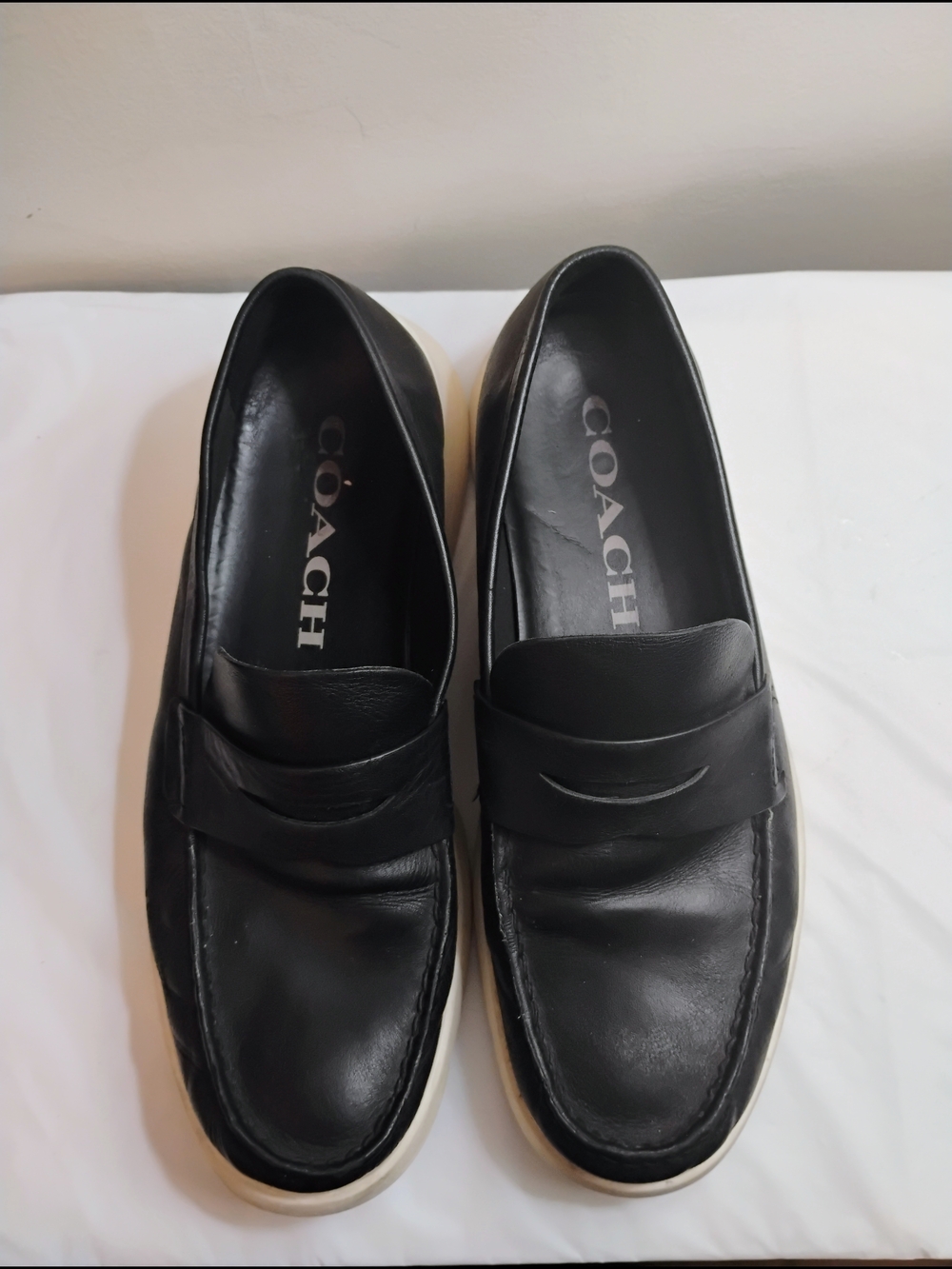 Coach Black Leather Slip-On Penny Loafers with White Sole